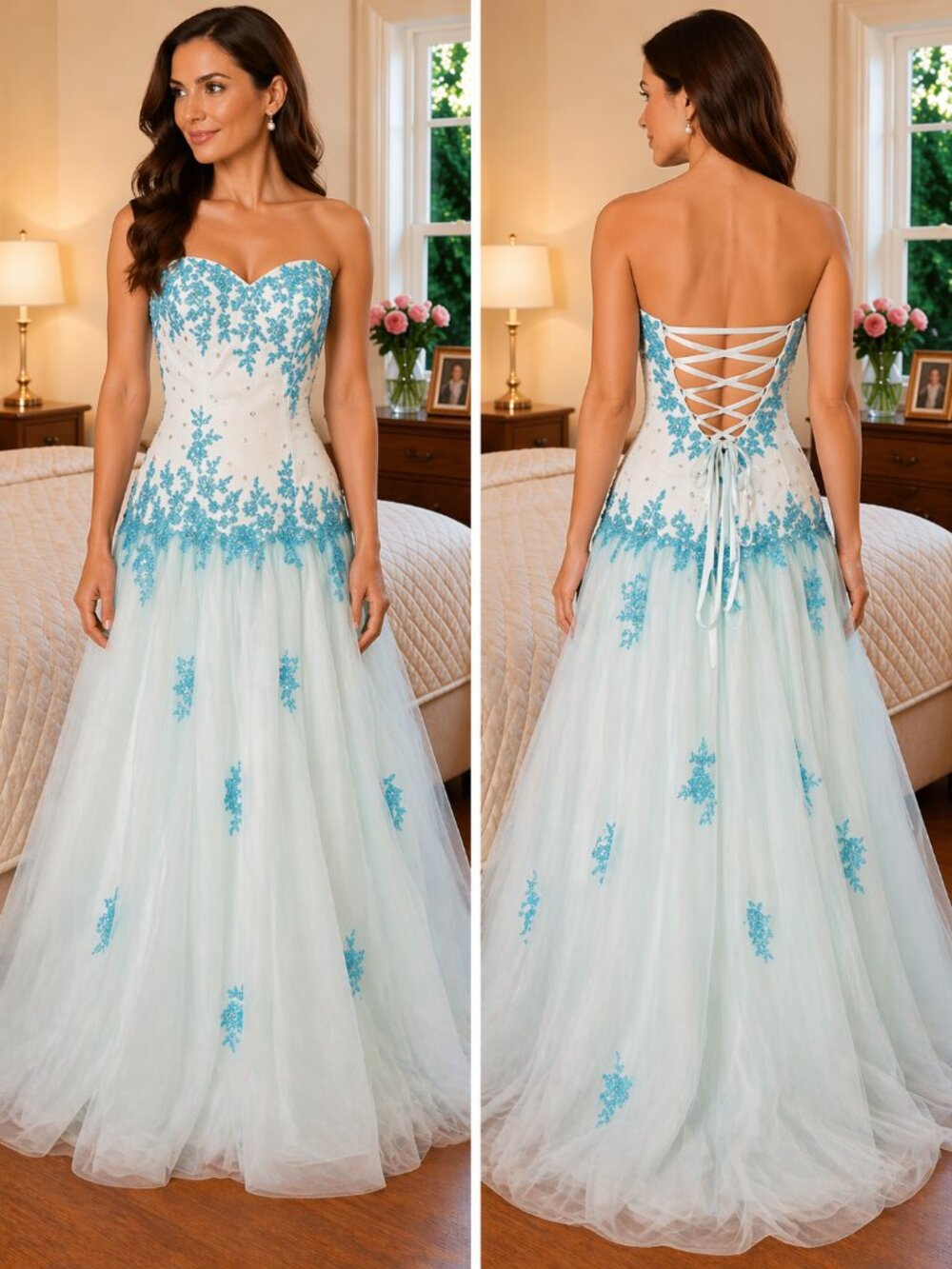 Alyce Designs Light Blue Lace Strapless Formal Ball Gown $528
